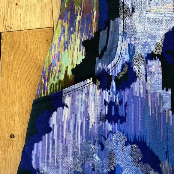 Elie Tahari Blue Purple Sheath Dress, Abstract Jewel Pattern Sequins Pockets, 6 - Picture 5 of 11